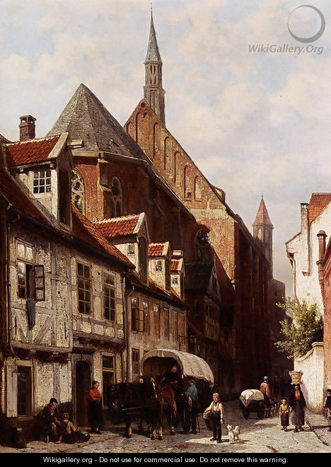 A Busy Street In Bremen With The Saint Johann Church In The Background - Cornelis Springer