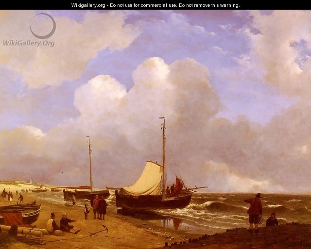 Moored on the Beach - Andreas Schelfhout