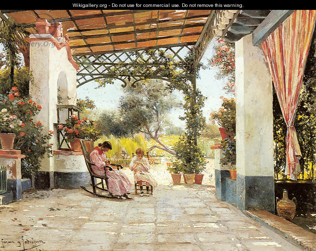 Mother and Daughter Sewing on a Patio - Manuel Garcia y Rodriguez