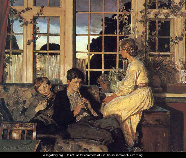 A Mother and Children by a Window at Dusk - Viggo Christian Frederick Pedersen