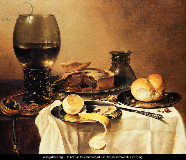 Breakfast Still Life With Roemer, Meat Pie, Lemon And Bread - Pieter Claesz.
