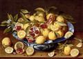 A Still Life Of A Wanli Kraak Porcelain Bowl Of Citrus Fruit And Pomegranates On A Wooden Table - Gerrit Van Honthorst