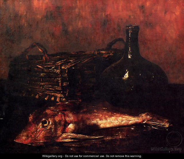 A Still Life With A Fish, A Bottle And A Wicker Basket - Antoine Vollon