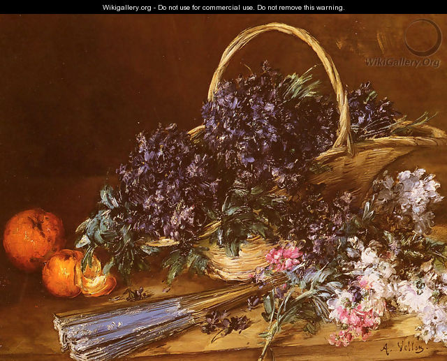 A Still Life with a Basket of Flowers, Oranges and a Fan on a Table - Antoine Vollon