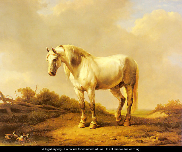 A White Stallion In A Landscape - Eugène Verboeckhoven