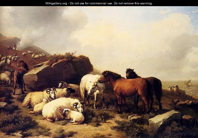 Horses And Sheep By The Coast - Eugène Verboeckhoven