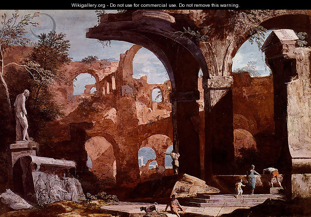 An Architectural Capriccio With Figures Investigating A Tomb Amongst Ruins - Marco Ricci