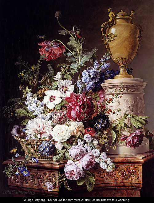 Still Life Of Flowers In A Basket With Two Butterflies, A Drgonfly, A Fly And A Beetle By An Alabaster Urn On A Marble Pedestal - Gerard Van Spaendonck