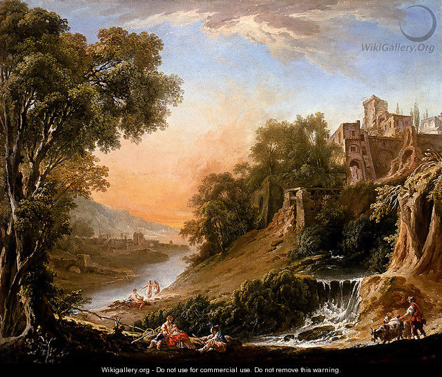 Figures Resting On The Banks Of A River, A Waterfall In The Foreground - Nicolas-Jacques Juliard