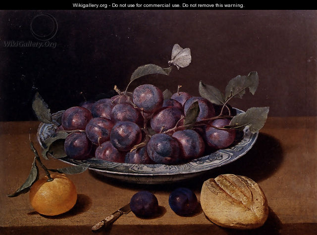 Still Life Of A Plate Of Plums And A Loaf Of Bread - Jacques Linard