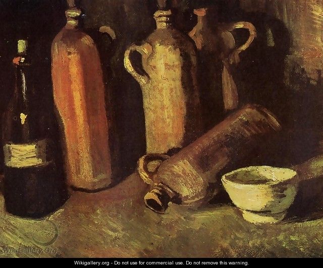 Still Life With Four Stone Bottles Flask And White Cup - Vincent Van Gogh