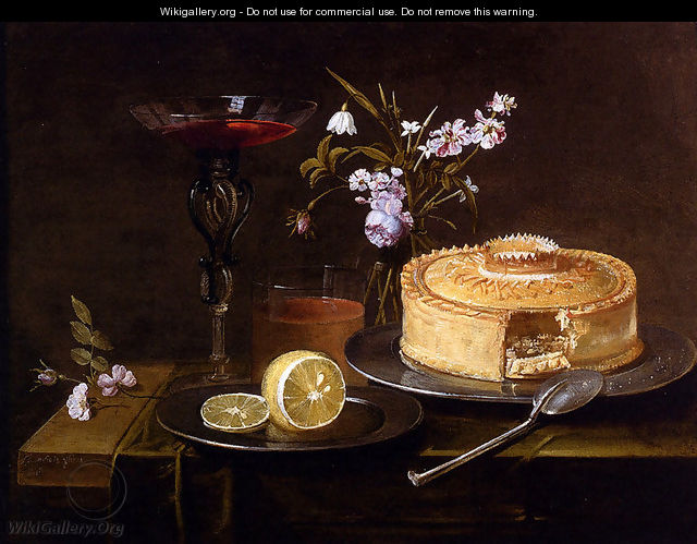 A Still Life Of A Pie And Sliced Lemon On Pewter Dishes, A Vase Of Flowers, A Glass Of Beer And A Wine Glass Upon A Partly Draped Table - Frans Ykens
