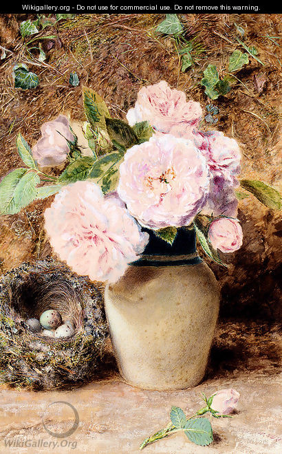 Still Life With Roses In A Vase And A Birds Nest - William Henry Hunt