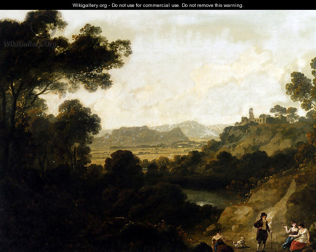 A Distant View Of Llantrisant Castle, Glamorganshire, With Figures Seated In The Foreground - Julius Caesar Ibbetson