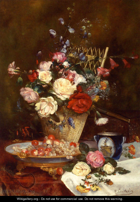 Still Life With Roses, Cherries And Grapes - Eugene Henri Cauchois