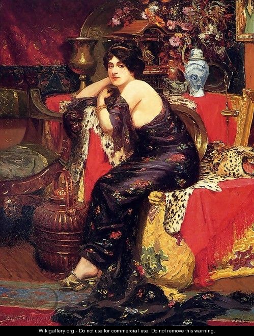 A Harem Beauty Seated On A Leopard Skin - Frederic Louis Leve