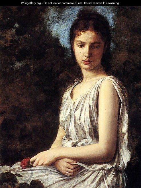 A Young Woman In Classical Dress Holding A Red Rose - Georges Bellanger