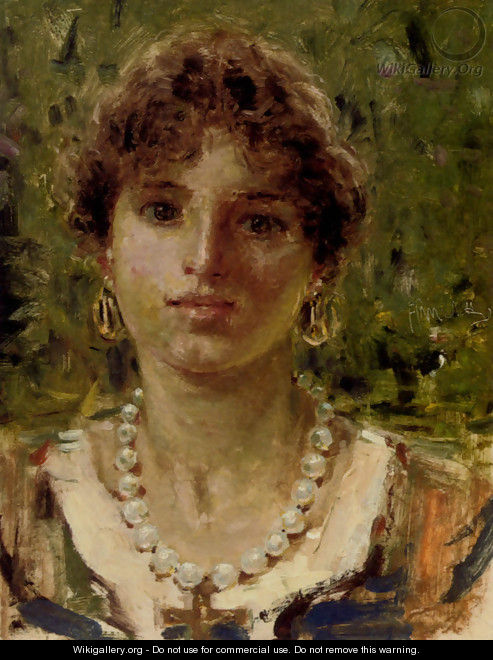 Portrait Of A Girl Wearing A Pearl Necklace - Francesco Paolo Michetti