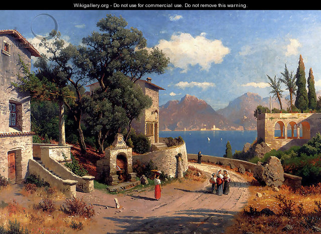 An Italian Village By A Lake - Carl Gustav Rodde