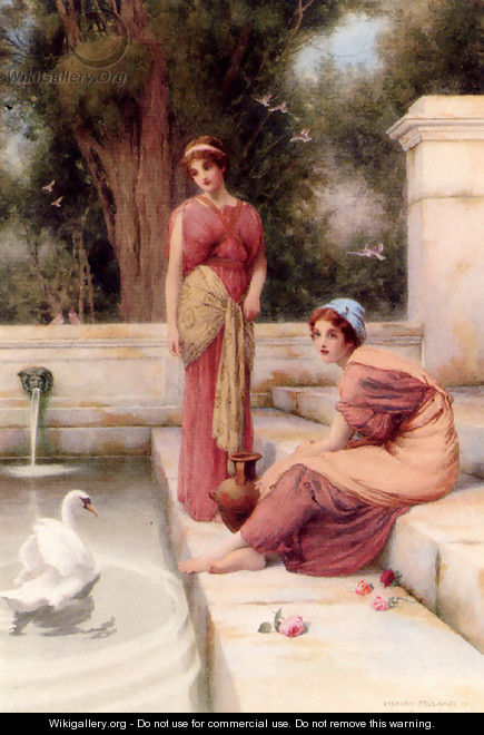 Two Classical Maidens And A Swan - Henry Ryland