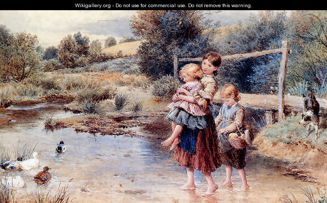 Children Paddling In A Stream - Myles Birket Foster