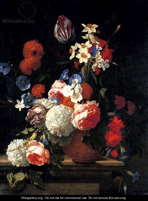 Tulips, peonies, morning glory, narcissi and other flowers in a decorated vase on a ledge - Hieronymus Galle I