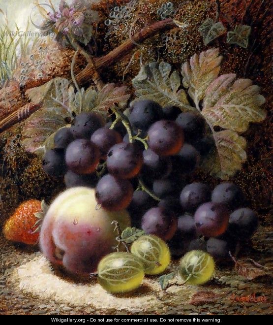 Still Life with Black Grapes, a Strawberry, a Peach and Gooseberries on a Mossy Bank - Oliver Clare