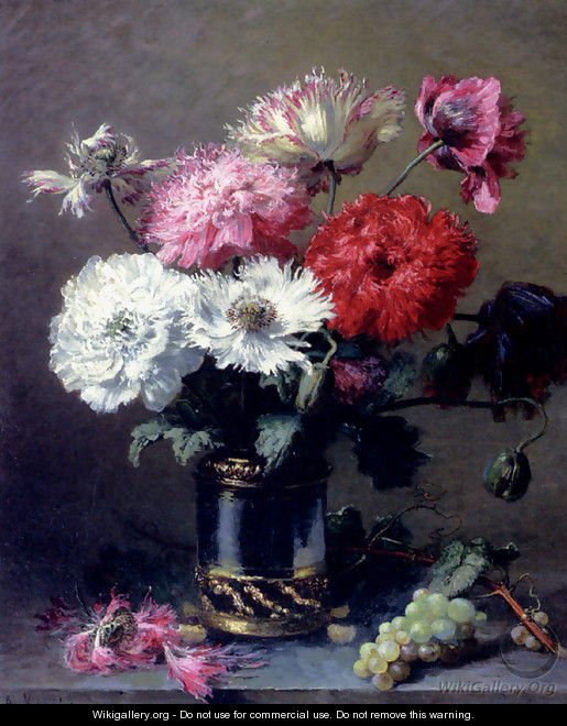 Poppies In A Metal Vase With A Bunch Of Grapes On A Table - Alexis Kreijder