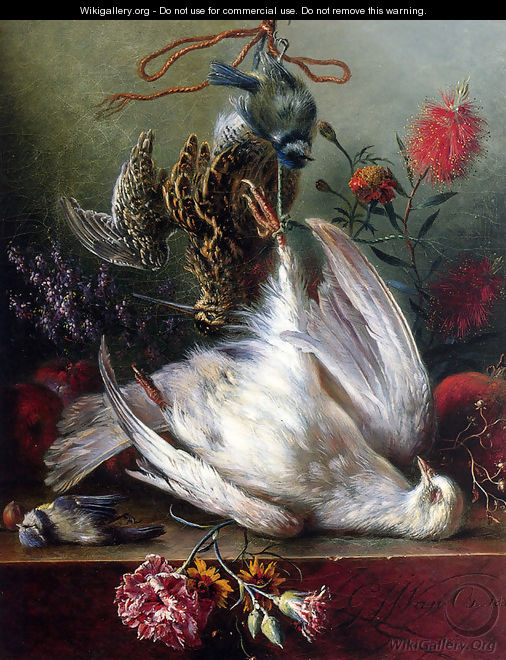 A Still Life With Birds, Carnations, Lilacs, Apples And A Pomegranate - George Jacobus Johannes Van Os