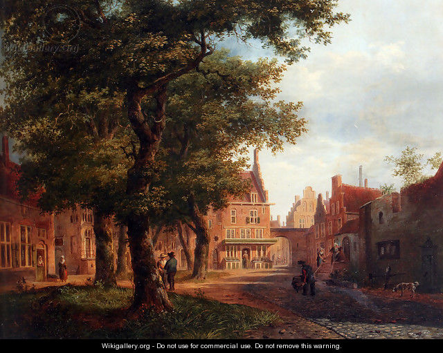A Village Square With Villagers Conversing Under Trees - Bartholomeus Johannes Van Hove