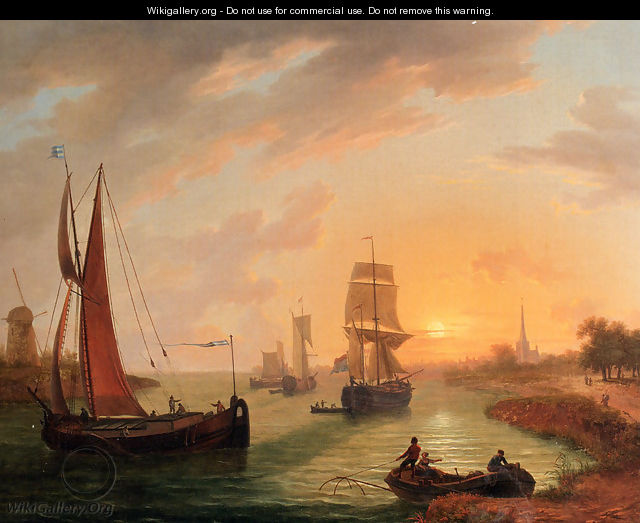 An EstuaryWith Various Shipping At Sunset - Frans Swager