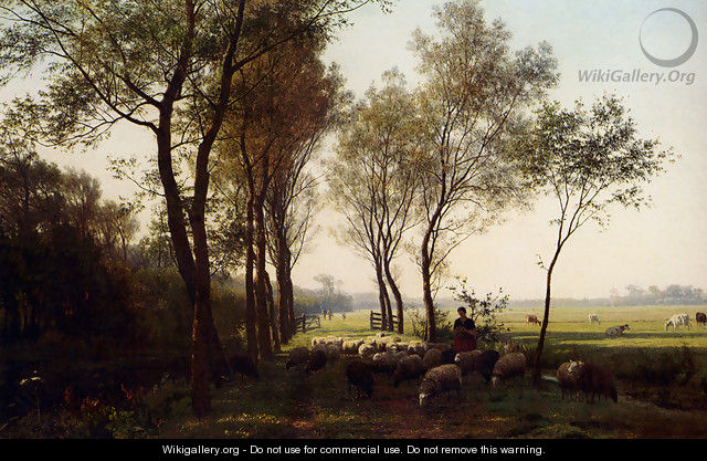 A Shepherdess And Her Flock On A Country Lane - Julius Jacobus Van De Sande Bakhuyzen