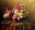 A Still Life With Lilacs And Violets On A Draped Guilt Rococo Table - Clara Von Sivers