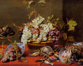 A Still Life Of Grapes In A Basket And A Bunch In A Wan-li 'Kraak' Porcelain Bowl With Figs In A Tazza On A Red Draped Ledge With A Woodstock, Pheasants, A Partridge And Other Birds - Frans Snyders