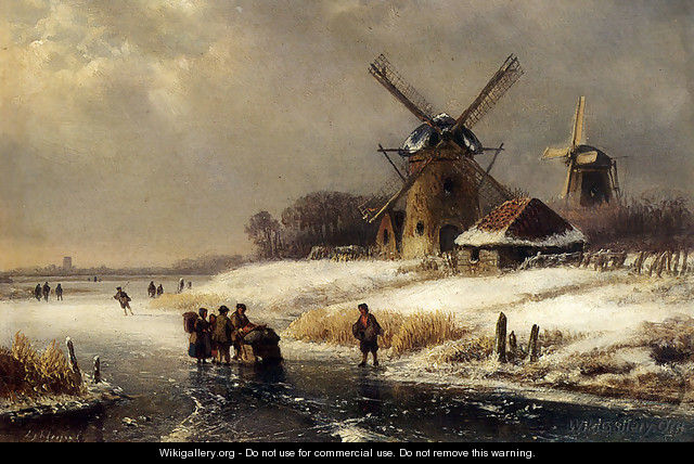 Figures On A Frozen Waterway By A Windmill - Lodewijk Johannes Kleijn