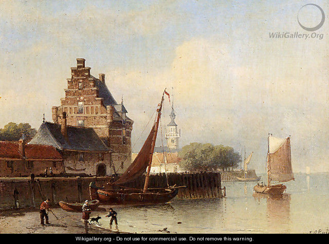Fisherfolk On A Riverbank By A Town - Johann Adolphe Rust
