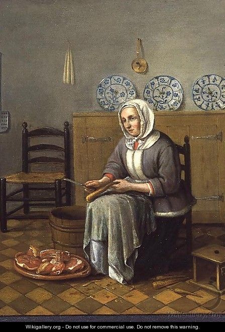 A Seated Woman preparing Food in a Kitchen - Franciscus Carree
