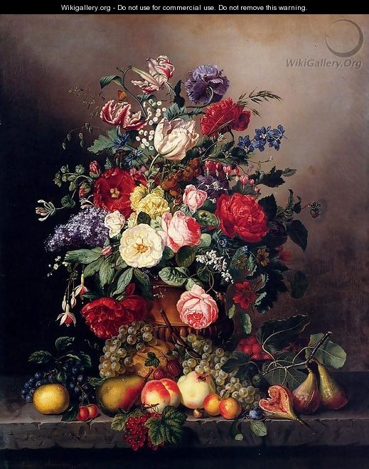 A Still Life With Assorted Flowers, Fruit And Insects On A Ledge - Amalie Kaercher