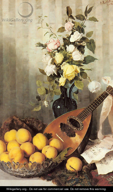 A Still Life with a Vase of Roses, a Bowl of Peaches and a Mandolin - Angelo Martinetti
