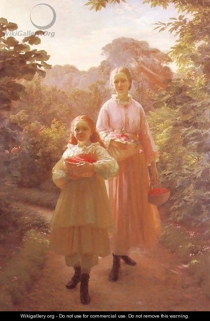 Sisters Gathering Raspberries And Roses, Summer - Ole Henrik Olrik