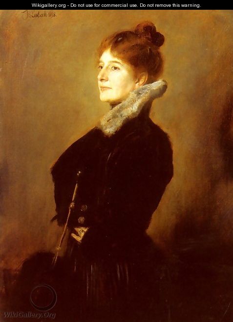 Portrait Of A Lady Wearing A Black Coat With Fur Collar - Franz von Lenbach