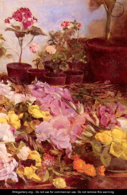 Still Life With Flower Pots And Cut Flowers - Giovanni Sottocornola