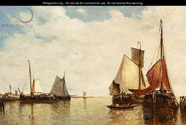 Moored Ships In A Small Harbour - Paul-Jean Clays