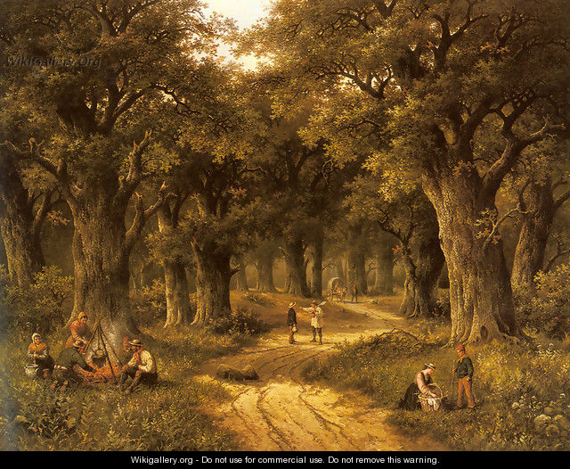 Peasants Preparing a Meal near a Wooded Path - Hendrik Barend Koekkoek