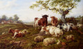 Resting Cattle, Sheep And Deer, A Farm Beyond - Charles Jones