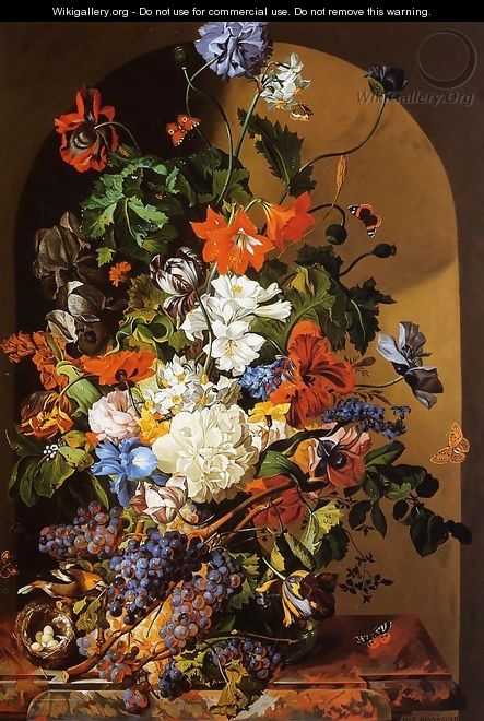 A Still Life with Flowers and Grapes - Leopold Zinnogger