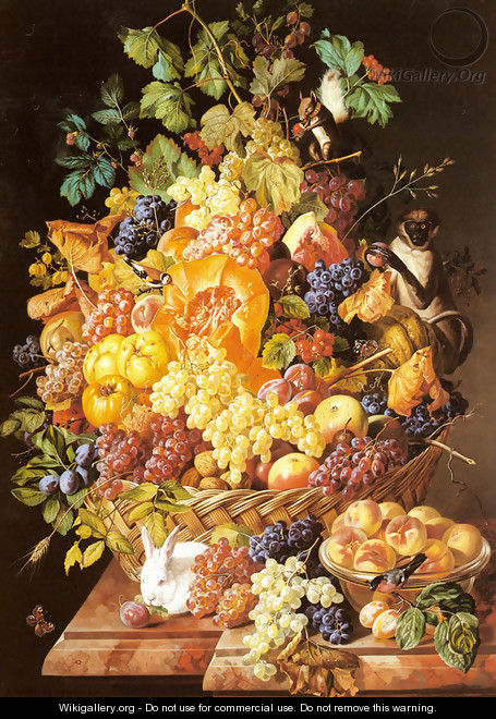 A Basket of Fruit with Animals - Leopold Zinnogger