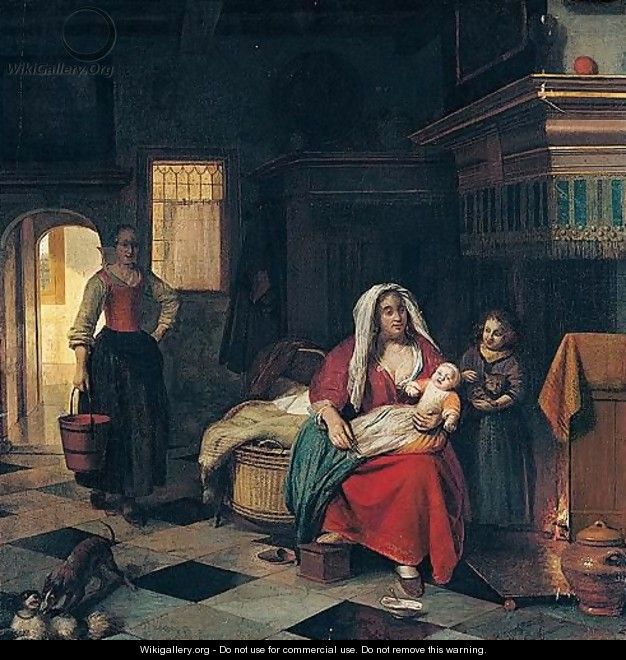 A domestic interior wit a mother nursing her children befire a ...