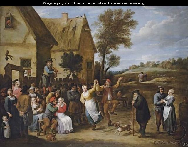 A village inn with peasants dancing and making merry to the music of a ...