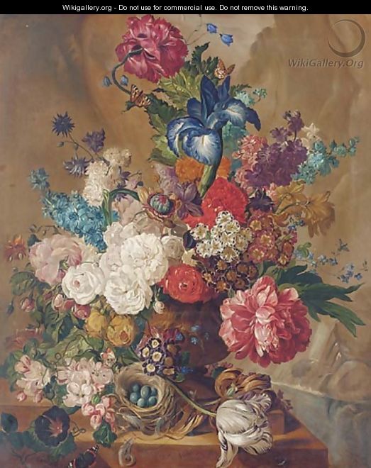 Summer flowers, including irises, tulips, roses in vase, with a bird's ...